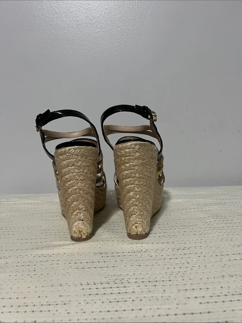 Yves Saint Laurent Black and Gold Strappy Espadrille Platform Sandals